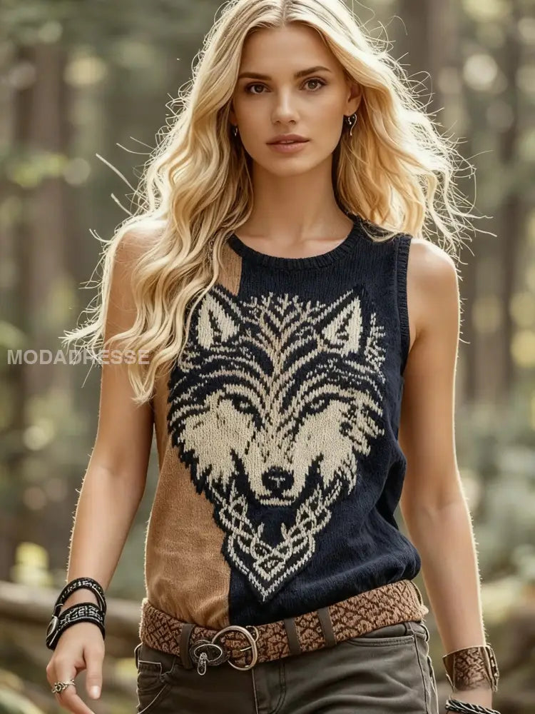 Kvinnors Retro Viking Wolf Celtic Knop träd liv besättning hals Tank Topp svart / S