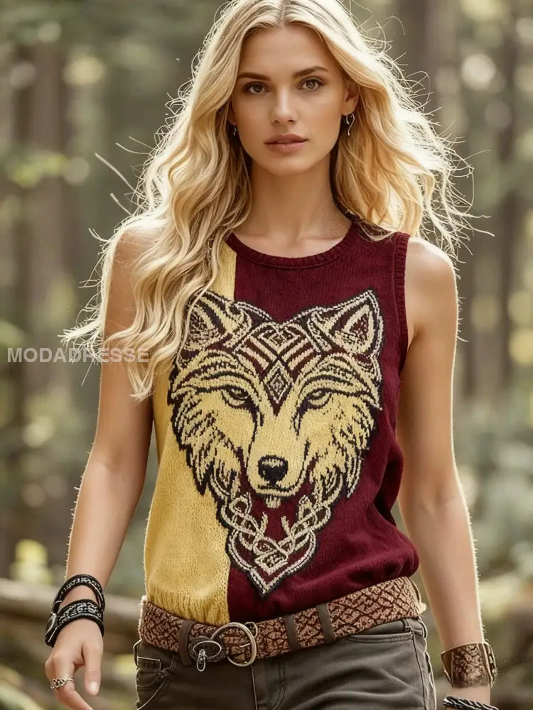 Kvinnors Retro Viking Wolf Celtic Knop träd liv besättning hals Tank Topp vinröd / S