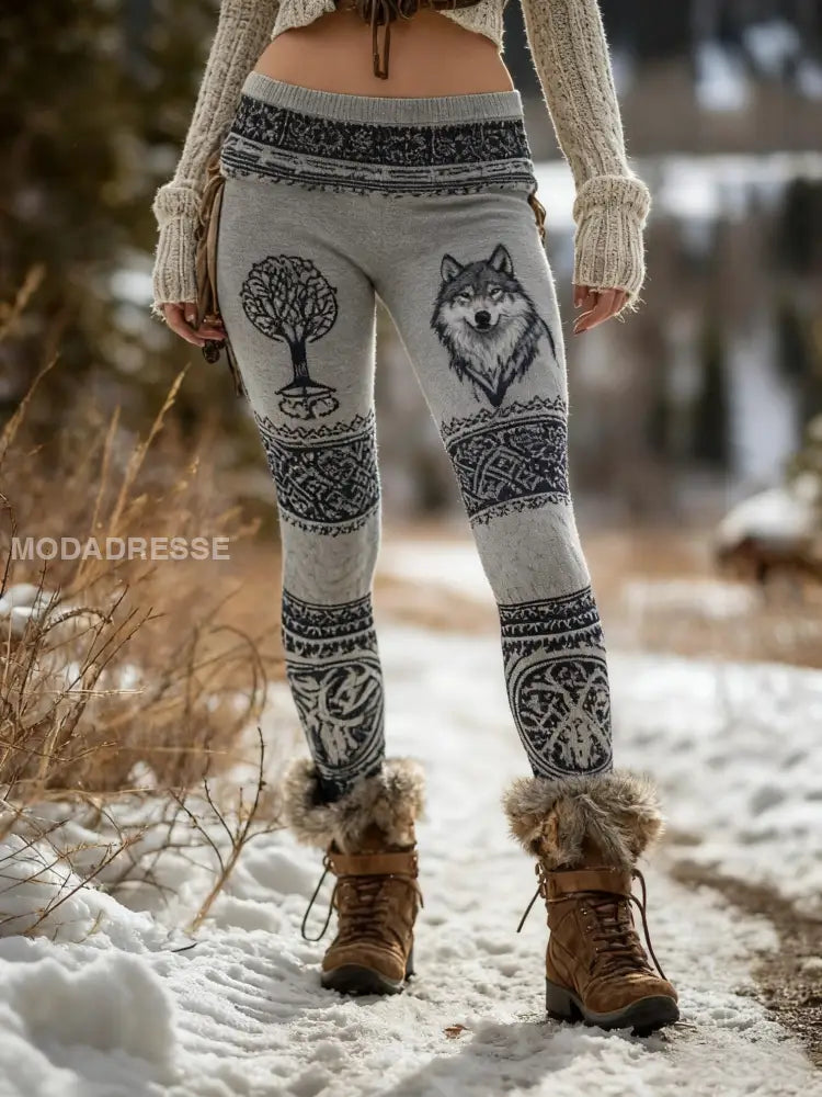 Kvinnors Retro Viking Wolf Celtic Knop träd liv gradient Sport Stretch Leggings grå / S