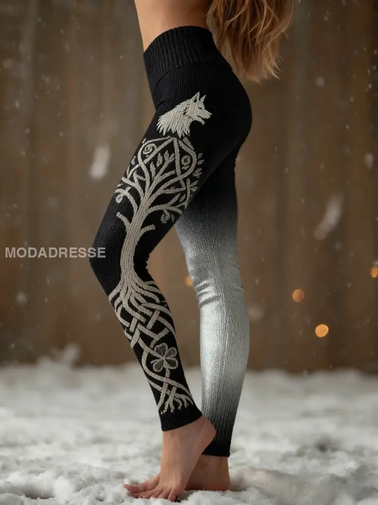 Kvinnors Retro Viking Wolf Celtic Knop träd liv gradient Sport Stretch Leggings svart / S