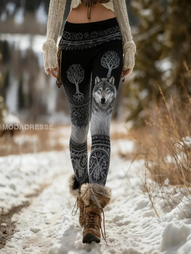 Kvinnors Retro Viking Wolf Celtic Knop träd liv gradient Sport Stretch Leggings svart / S