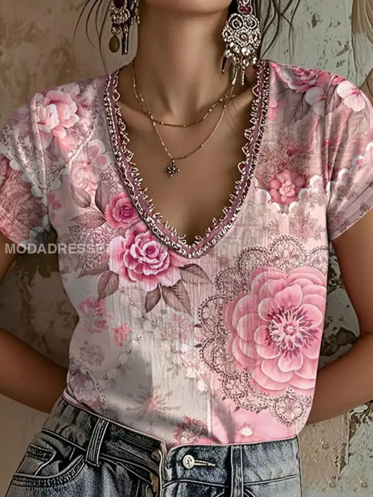 Kvinnors rosa blommar Print Casual T shirt runk / S