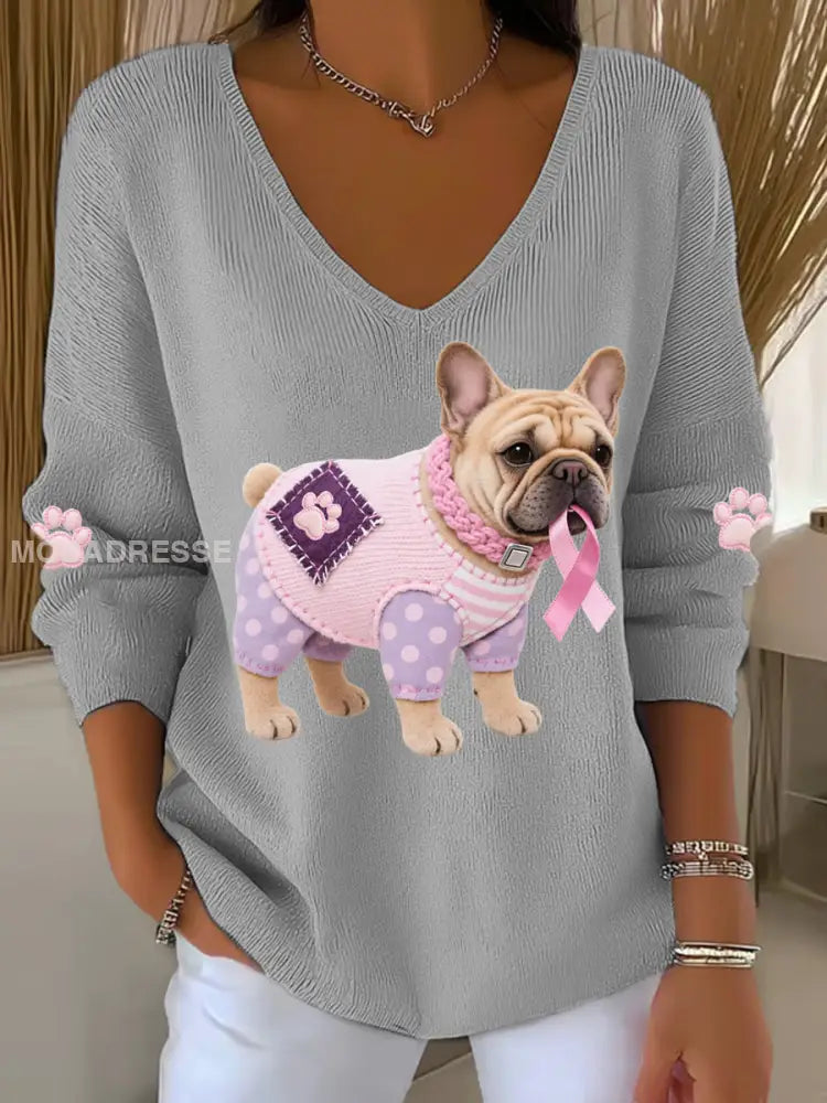 Kvinnors rosa hund rosa band bröstcancer medvetenhet Stöd Långärm Topp grå / S