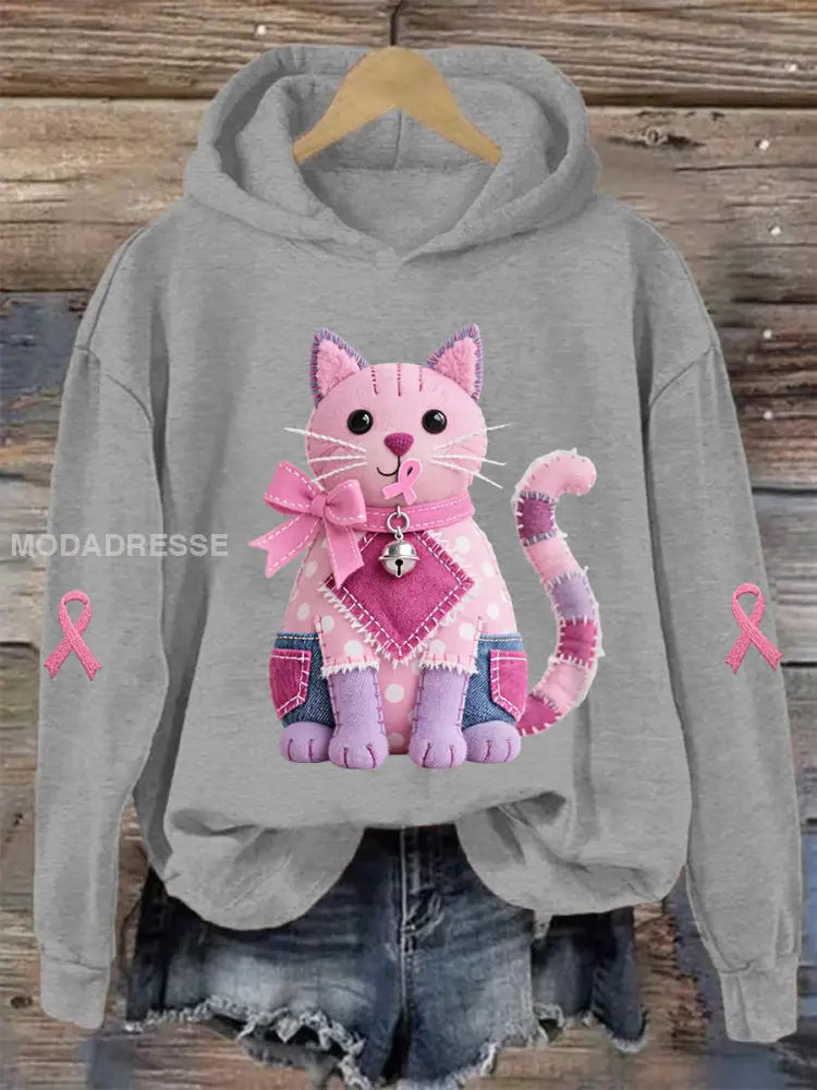 Kvinnors rosa katt Pink Ribbon Bröstcancer medvetenhet Stöd Sweatshirt ljusgrå. / S