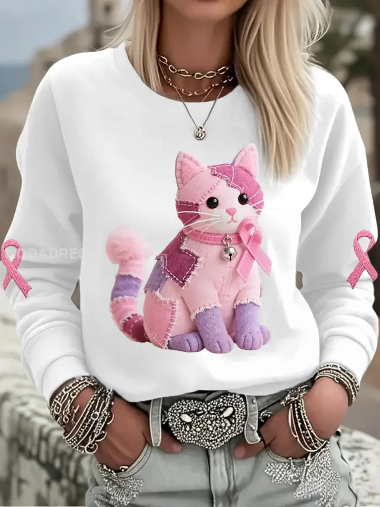 Kvinnors rosa katt Pink Ribbon Bröstcancer medvetenhet Stöd Sweatshirt vitt / S