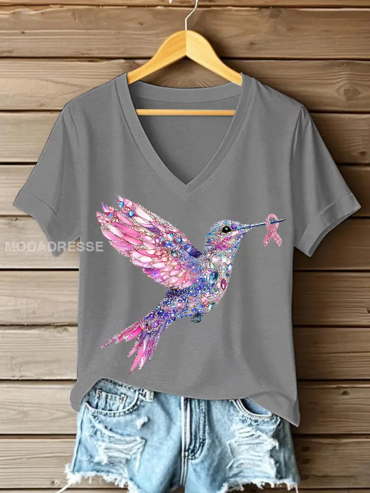 Kvinnors rosa kolibri Print T shirt ljusgrå. / S