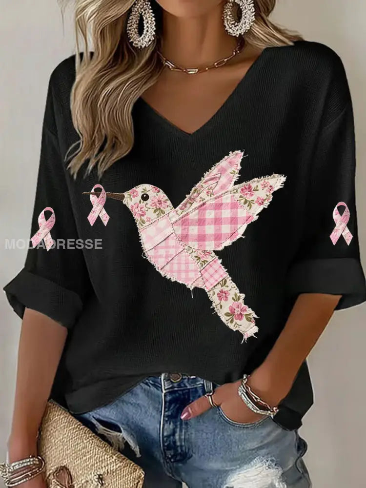 Kvinnors rosa kolibri Print T shirt svart / S