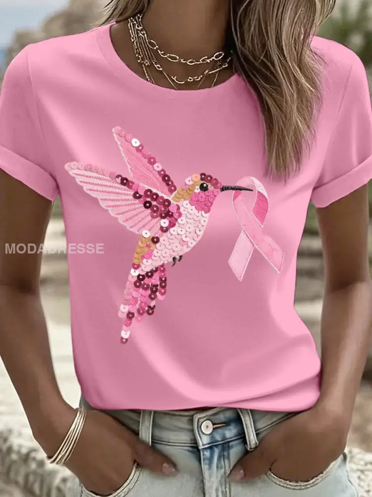 Kvinnors rosa paljetter Hummingbird mönster T shirt runk / S