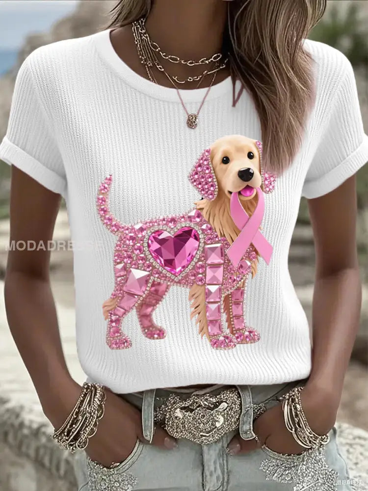 Kvinnors rosa Rhinestone Hund Pink Ribbon Print Bröstcancer medvetenhet Support Tee vitt / S