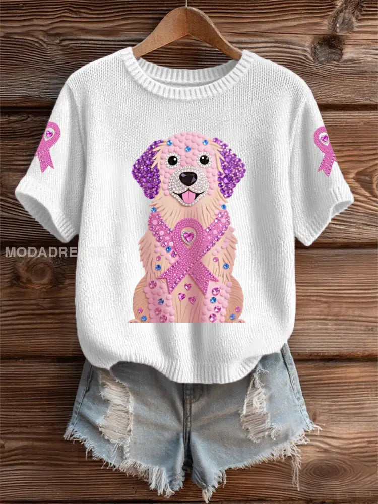 Kvinnors rosa Rhinestone Hund Pink Ribbon Print Bröstcancer medvetenhet Support Tee vitt / S