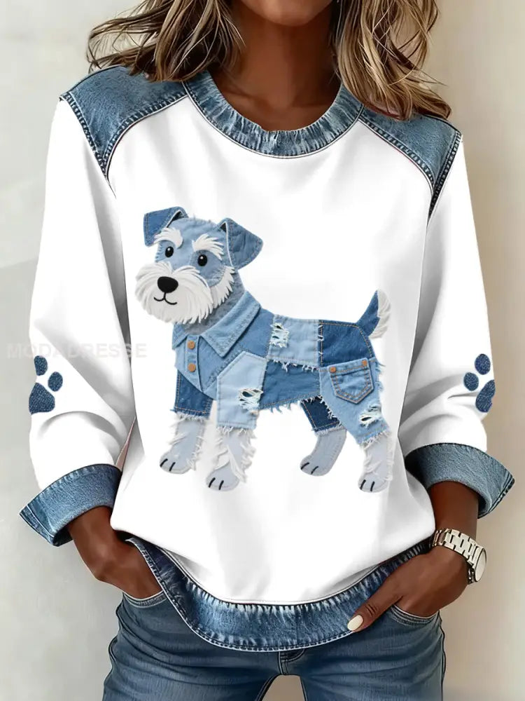 Kvinnors Schnauzer hund mönster Denim Patchwork konst sweathirt vitt / S