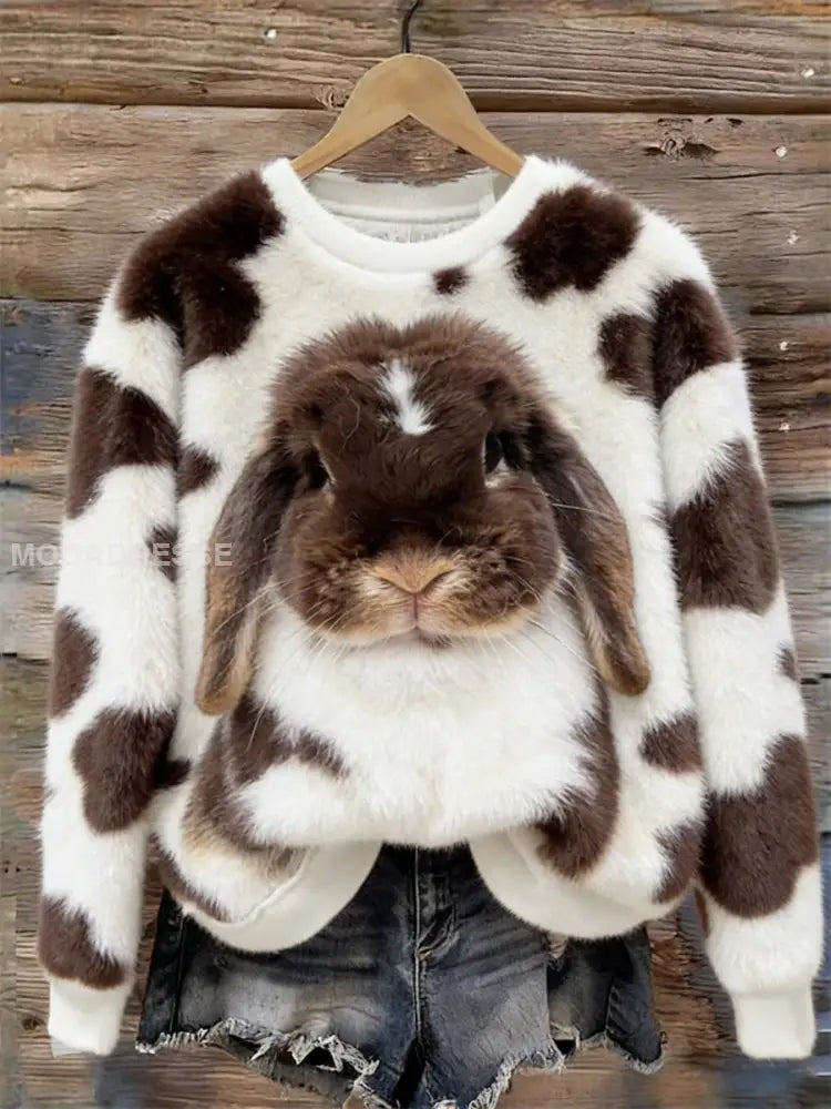 Kvinnors söta bunny konst rund hals Mysig flannel tröjar som bild / S