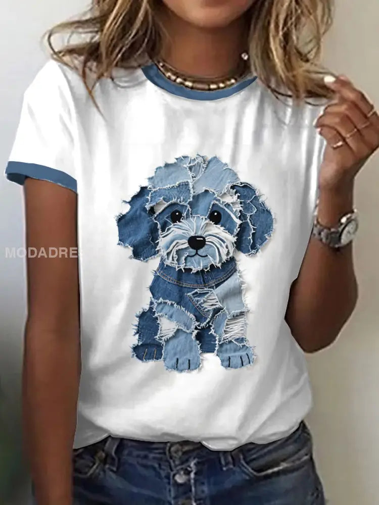 Kvinnors söta hund Denim Patchwork Art T-shirt vitt / S