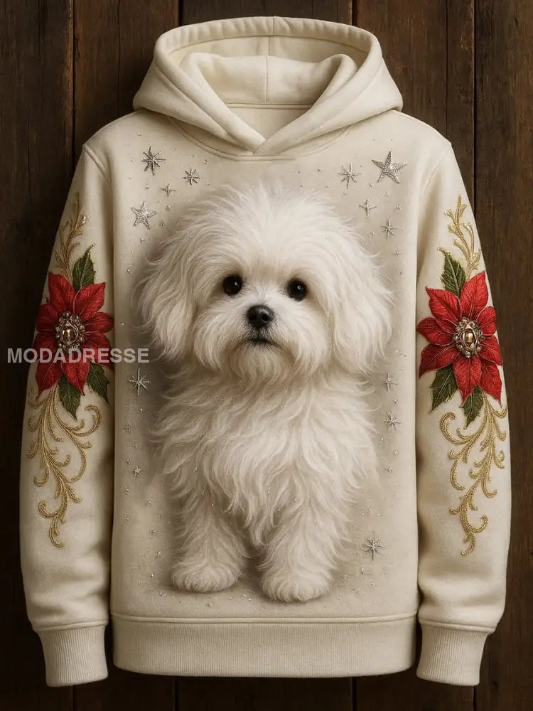 Kvinnors söta hund konst Print Casual Lång ärm tröjar vitt / S