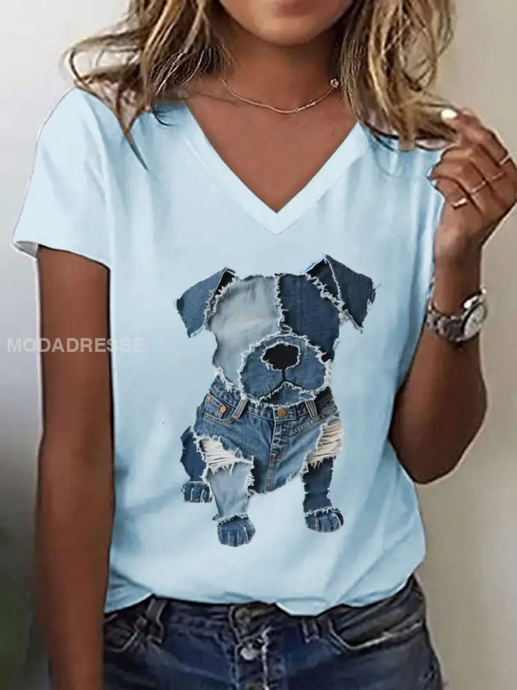 Kvinnors söta hund mönster mönster konst V-hals T-shirt skyblå färg / S
