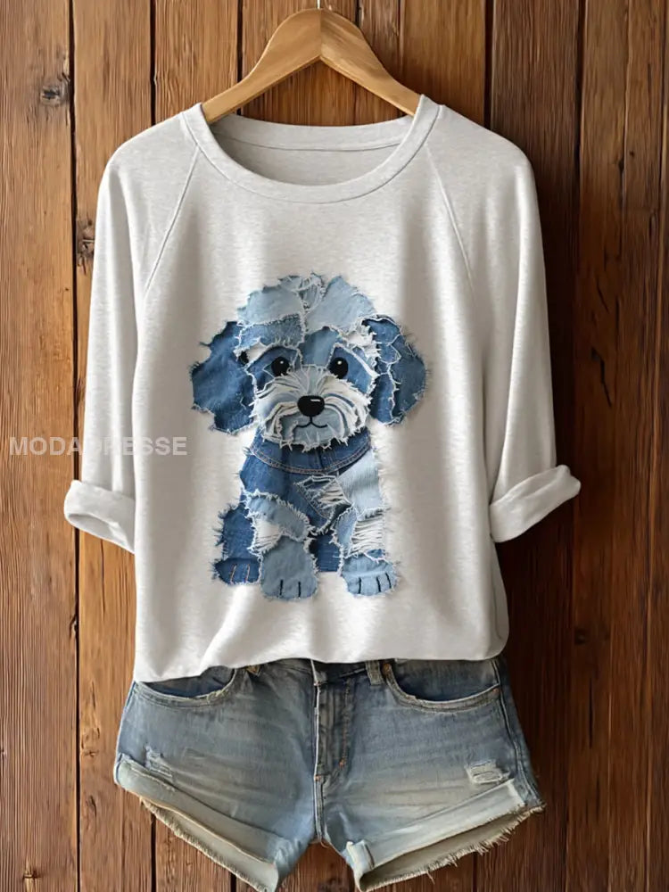 Kvinnors söta hund patchwork konst lång ärm T-shirta vitt / S
