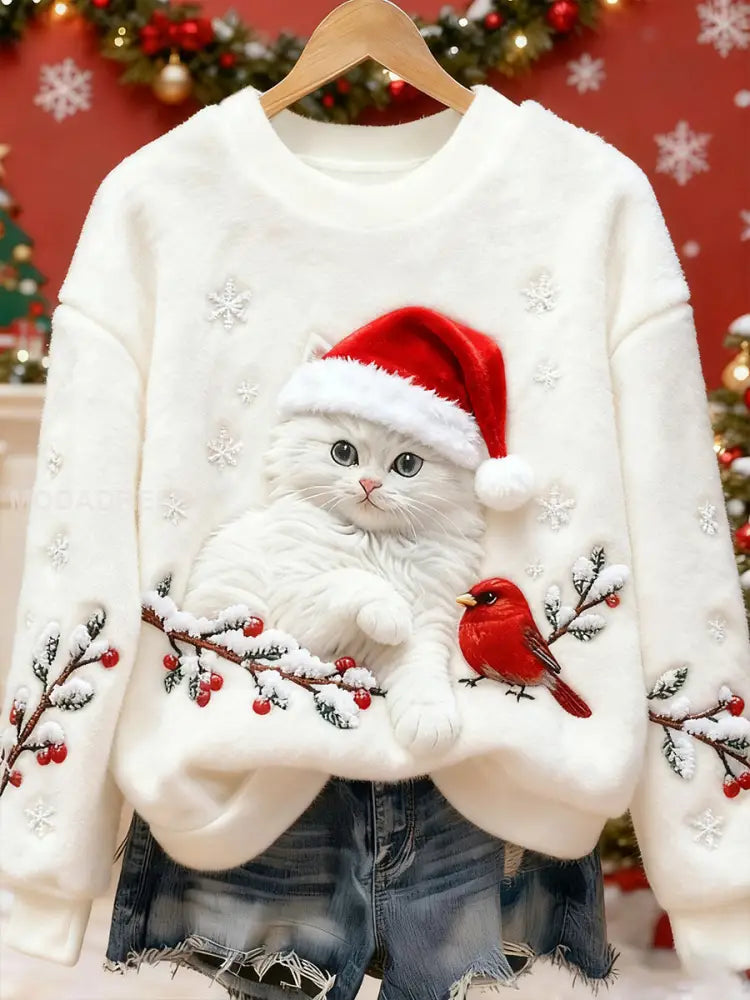 Kvinnors söta jul katt konst Skriv ut Casual Flannel Sweatshirt vitt / S