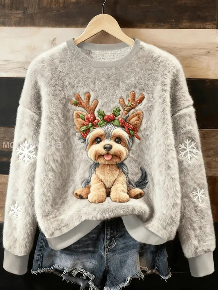 Kvinnors söta julhund konst Skriv ut Casual Flannel tröjar som bild / S