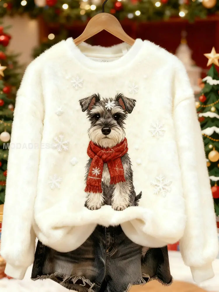 Kvinnors söta julhund Print Casual Flannel Sweatshirt kränk-vitt / S