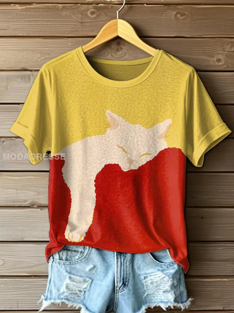 Kvinnors söta katt konst Skriv ut T-shirt som bild / S
