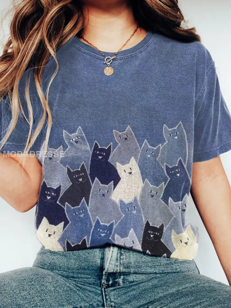 Kvinnors söta katt patchwork konst tvättad T-shirt som bild / S