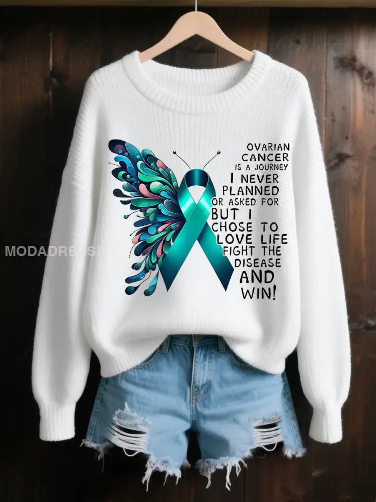 Kvinnors Teal Ribbon Butterfly Print Ovarian Cancer Medvetenhet Tröjar vitt / S