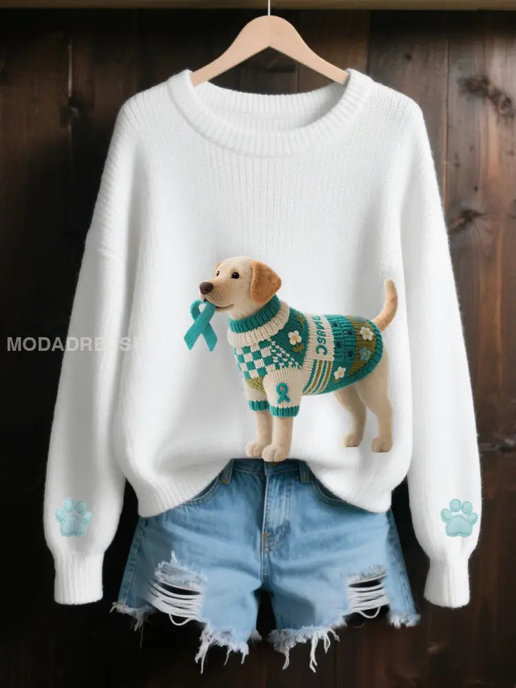 Kvinnors Teal Ribbon Teal Dog Print Ovarian Cancer Medvetenhet Tröjar vitt / S