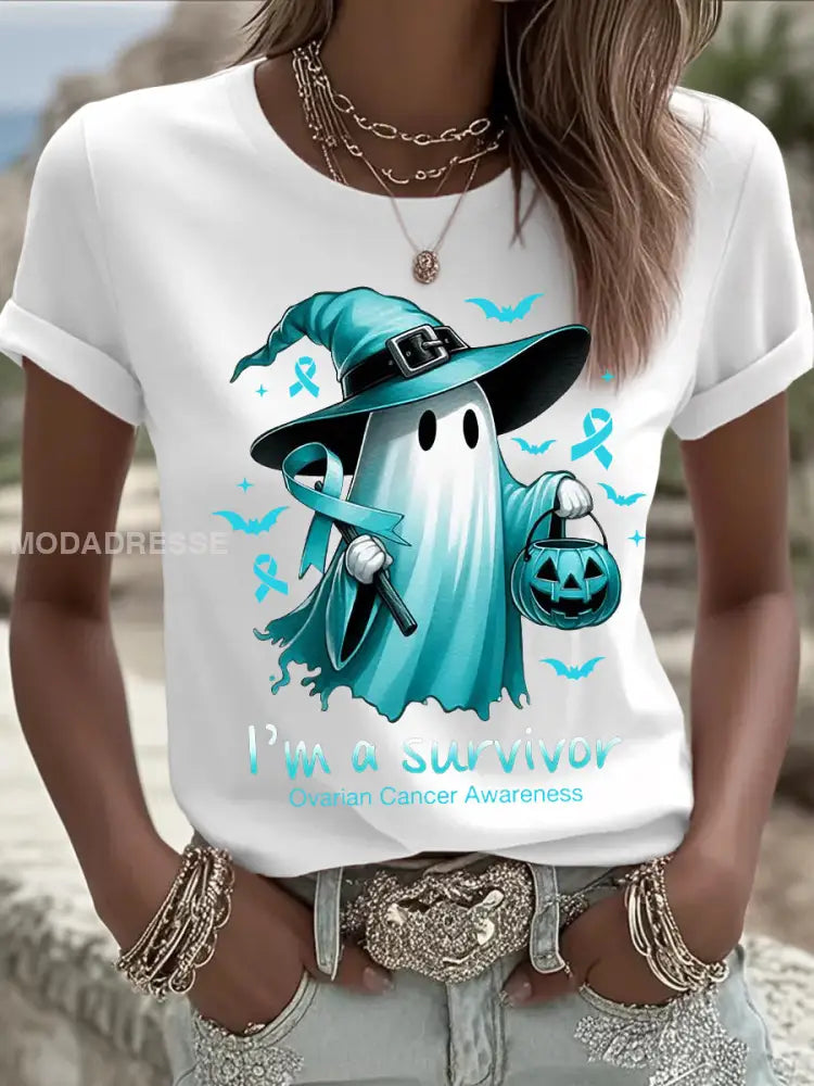 Kvinnors Teal Ribbon Halloween Ghost Print Ovarian Cancer Medvetenhet Tee vitt / S