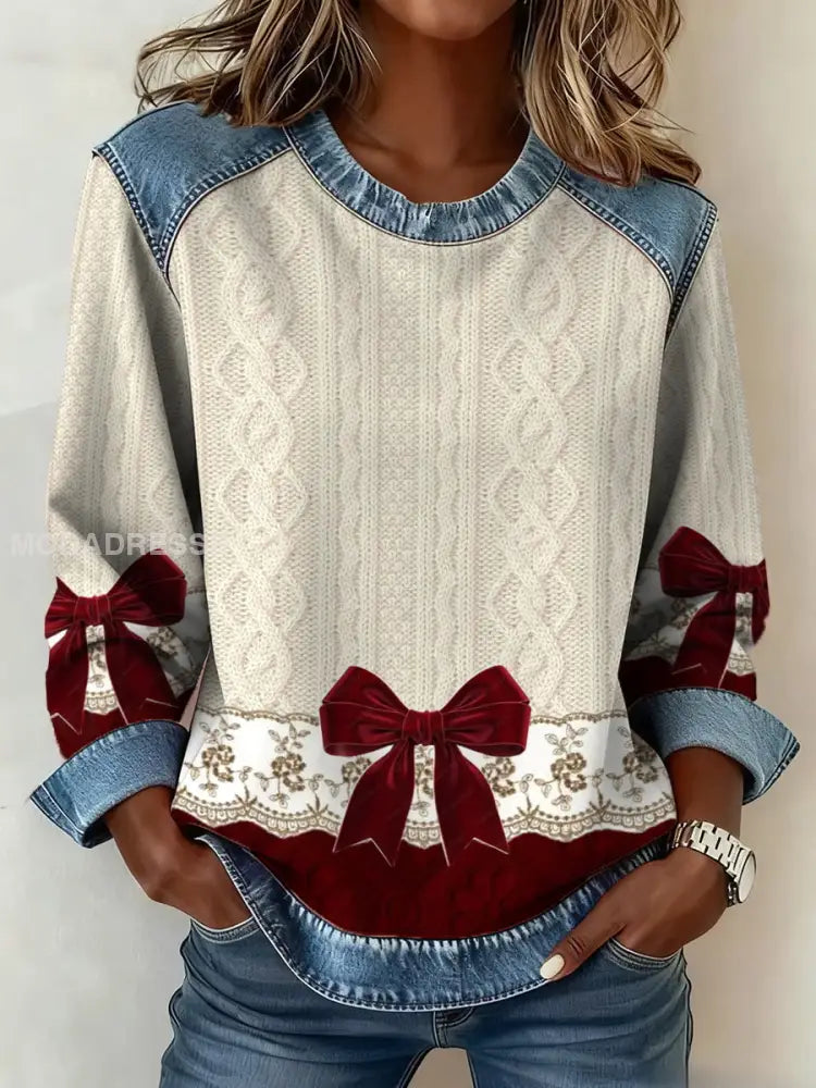 Kvinnors texturerad båge denim krage sweatshirt kränk-vitt / S