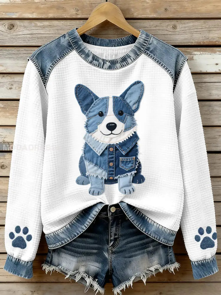 Kvinnors vackra Corgi mönster Denim Patchwork våffle tröjar som bild / S