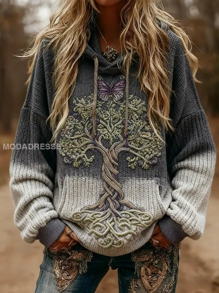 Kvinnors Viking fjäril keltisk knop träd liv gradient Skriv långärmad huvad grå / S