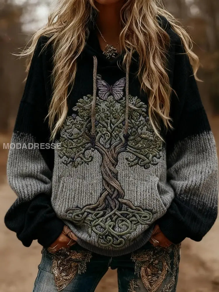 Kvinnors Viking fjäril keltisk knop träd liv gradient Skriv långärmad huvad svart / S