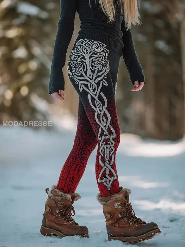 Kvinnors Viking keltisk knop träd liv Gradient Sport Stretch Leggings röd / S