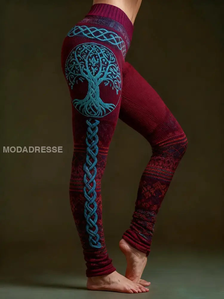 Kvinnors Viking keltisk knop träd livets sport Stretch Leggings vinröd / S
