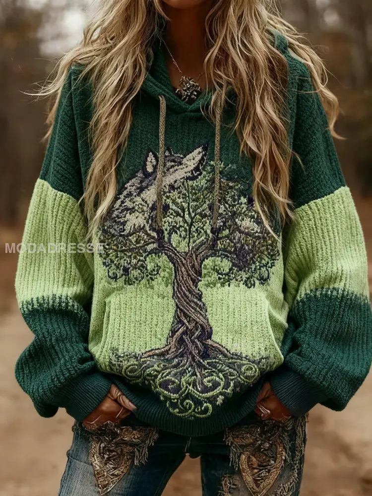 Kvinnors Viking varg keltisk knut träd liv gradient Skriv ut långärmad huvad tröjar grönt / S