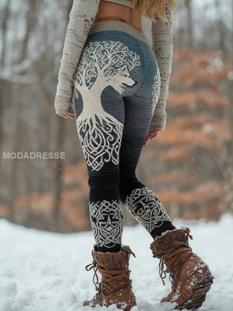 Kvinnors Viking varg träd livsmönster mysiga leggings svart / S