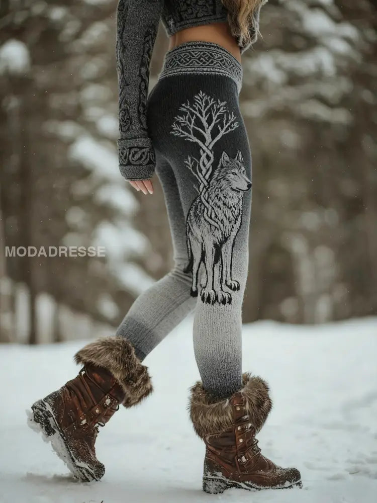 Kvinnors Viking Wolf Celtic Knop träd liv Gradient Sport Stretch Leggings mörk grå / S