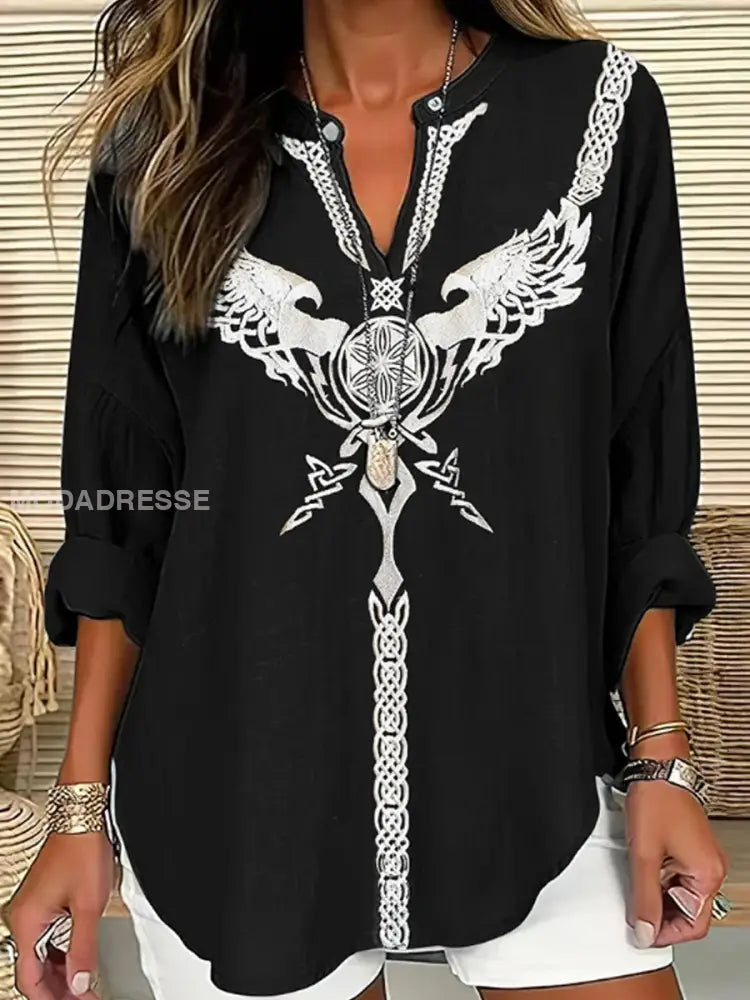 Kvinnors vikinga konstlin Print Casual tröja svart / S