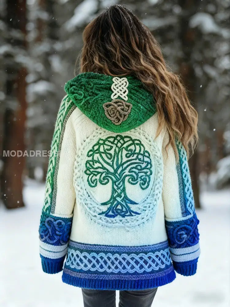 Kvinnors vikinga träd livsmönster Gradient Cardigan Sticka jacka grönt / S