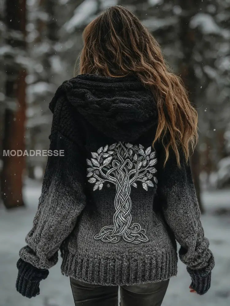 Kvinnors vikinga träd livsmönster Gradient Multifärg Cardigan Stick Jacka svart / S