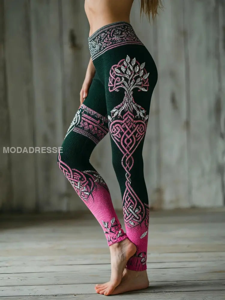 Kvinnors vikinga träd livsmönster Gradient Multifärg mysiga Leggings mörk gröna / S