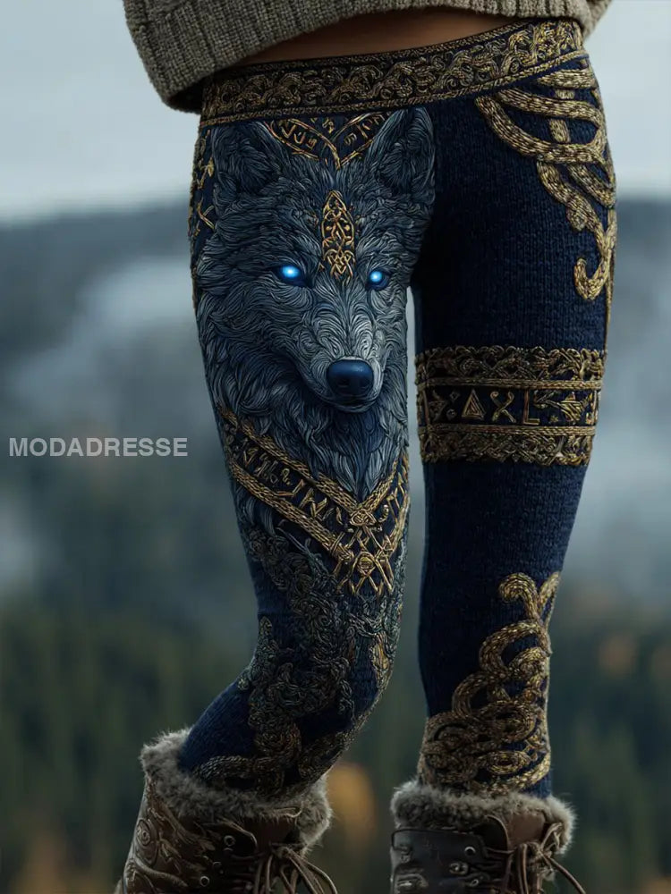 Kvinnors vikingad varg Leggings blå sjöfart / S