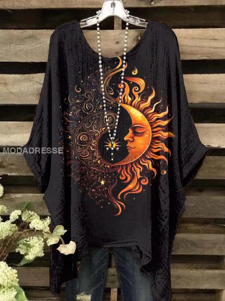 Kvinnors Vintage Abstrakt Sun och Moon mönster besättning hals topp S