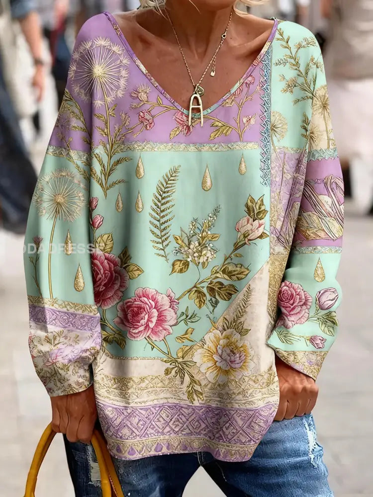 Kvinnors Vintage Bohemian Floral Art Skriv ut bekväm tröja Topp A / S