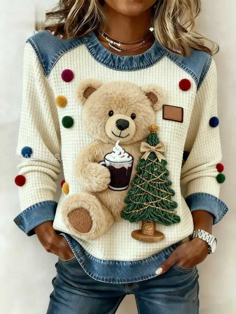 Kvinnors Vintage Jul Bear Tree Denim Patchwork Sweatshirt som bild / S