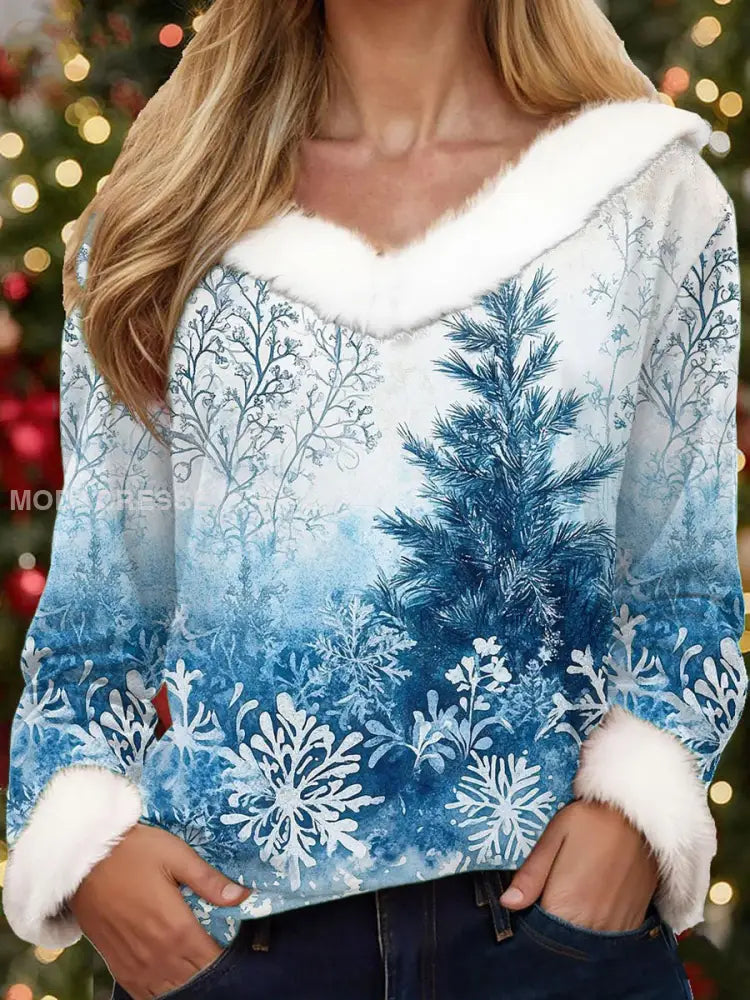 Kvinnors Vintage Jul Nordic Konst Tryckta topp blå / S