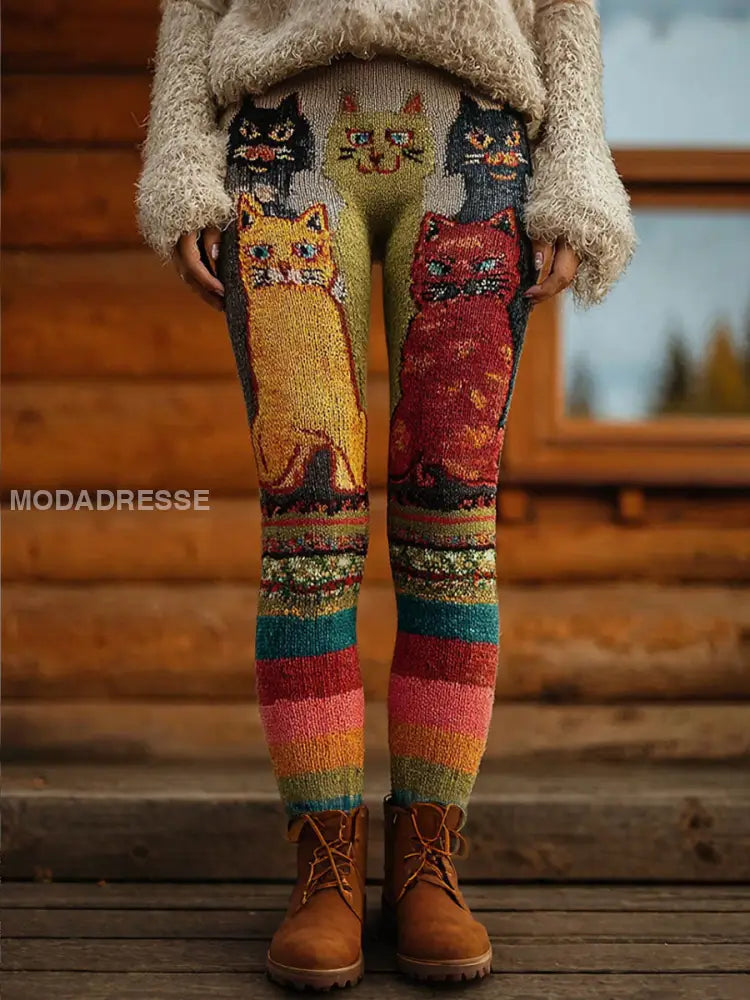Kvinnors Vintage Katter Print Leggings som bild / S