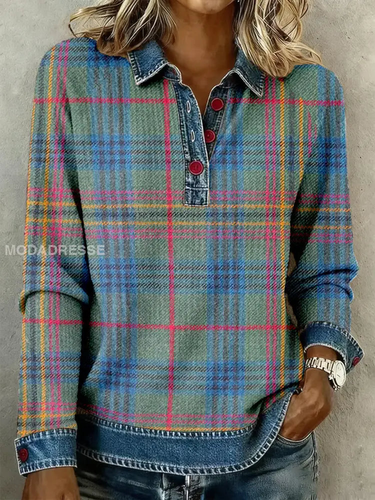 Kvinnors Vintage Plaid mönster mönster konst våffle topp som bild / S