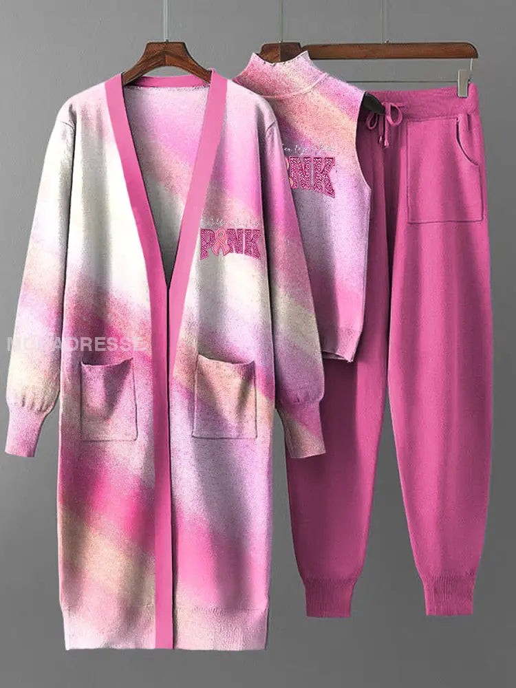 Kvinnors Vintage rosa gradient randig lack sticka tre stycken set flerlog / S