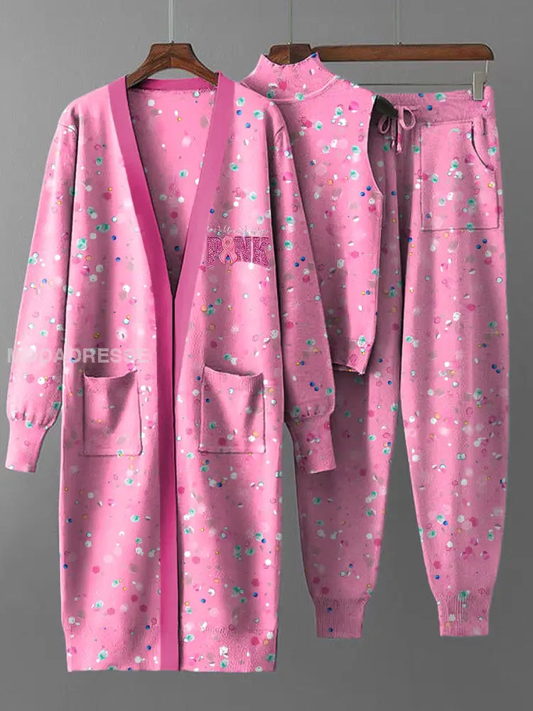Kvinnors Vintage rosa paljeträng lack sticka tre stycke set flerlog / S